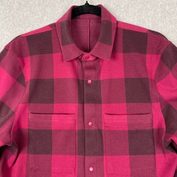 Lululemon Shirt Mens S Soft Knit Overshirt in Check Plaid Cassis Pomegranate - Picture 2 of 8